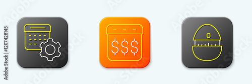 Set line Calendar settings, Payday, calendar with dollar and Kitchen timer icon. Vector
