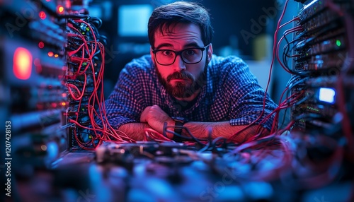 A Frustrated IT Specialist Sitting by a Broken Device Illustrating Workplace Challenges