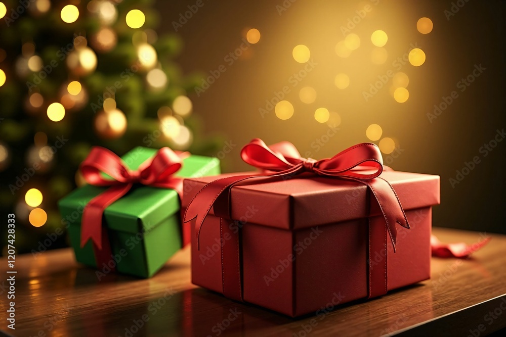 Festive Christmas Tree and Gift Boxes with Glowing Lights and Seasonal Decorations Festive Christmas Tree and Gift Boxes with Glowing Lights and Seasonal Decorations