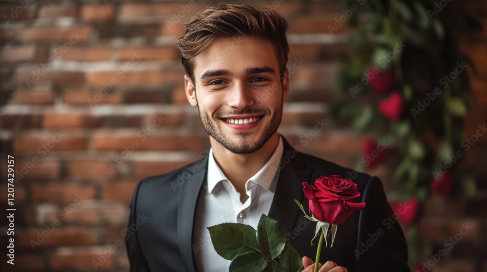 Well-Dressed Man Holding Red Rose for Happy Valentine's Day Celebration Photo.Fictional Character Created By Generative AI Well-Dressed Man Holding Red Rose for Happy Valentine's Day Celebration Photo.Fictional Character Created By Generative AI