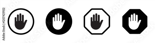 Black stop icon set. Stop sign with hand or palm flat icon for apps and websites. Vector illustration