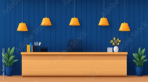 Modern office reception area with blue decor.