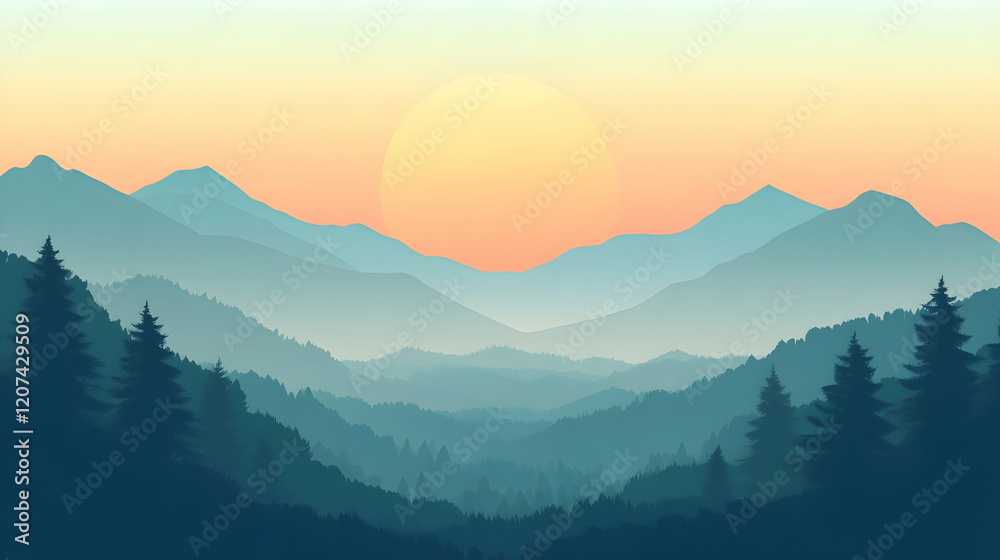 Fototapeta premium Serene Mountain Landscape with Sunrise and Layers of Misty Hills