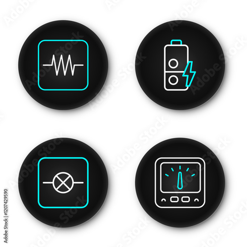Set line Ampere meter, multimeter, Lamp in electronic circuit, Battery charge and Resistor icon. Vector
