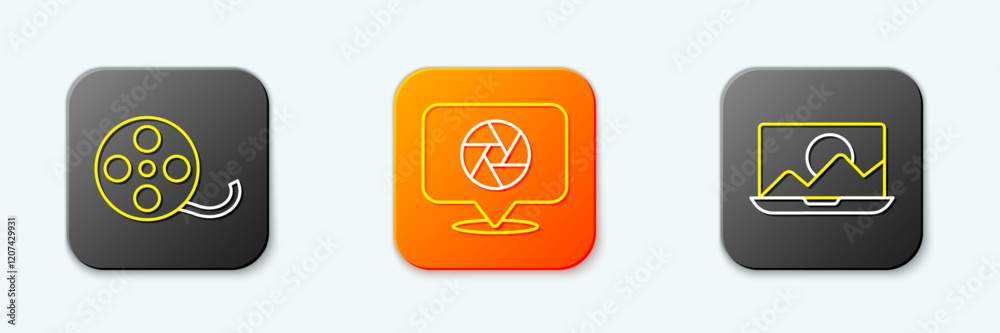 Set line Film reel, Camera shutter and Photo retouching icon. Vector Set line Film reel, Camera shutter and Photo retouching icon. Vector