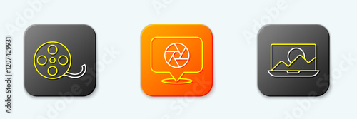 Set line Film reel, Camera shutter and Photo retouching icon. Vector