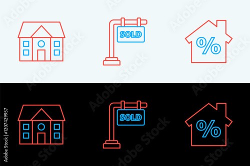 Set line House with percant discount, and Hanging sign Sold icon. Vector