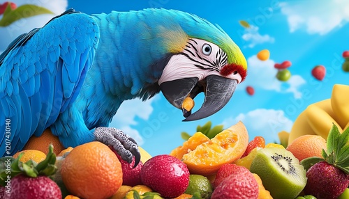 Wide-angle view of a vibrant blue macaw interacting playfully with an array of colorful fruits photo