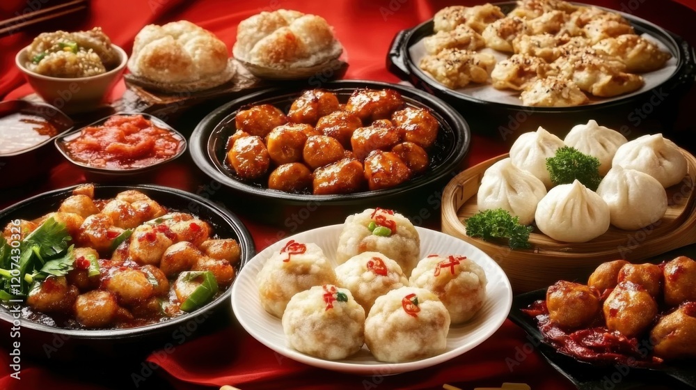 Chinese New Year Family Dinner: A Festive Table Adorned with Fish Balls, Stuffed Buns, and Red Decor, Capturing the Essence of Lunar Celebrations Chinese New Year Family Dinner: A Festive Table Adorned with Fish Balls, Stuffed Buns, and Red Decor, Capturing the Essence of Lunar Celebrations