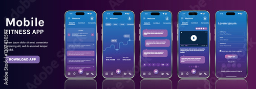 A sleek fitness app interface template featuring responsive design elements, including dashboards, charts, and statistics. Perfect for tracking health, weekly progress, and sports activities