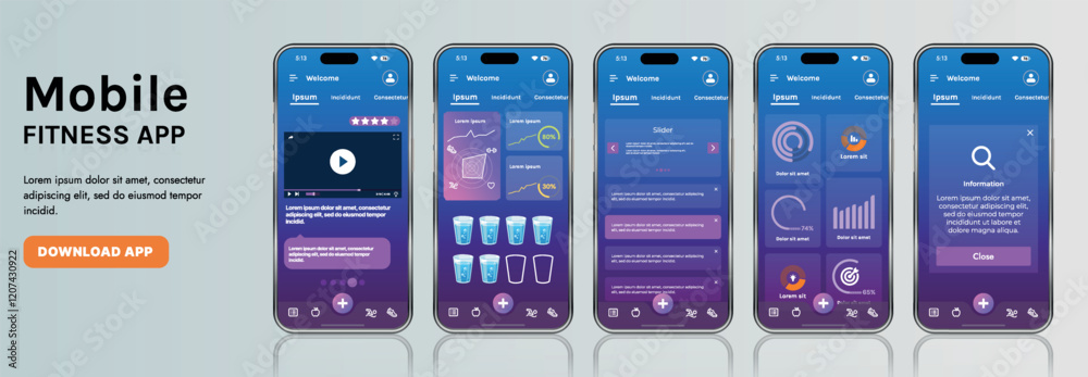 A sleek fitness app interface template featuring responsive design elements, including dashboards, charts, and statistics. Perfect for tracking health, weekly progress, and sports activities