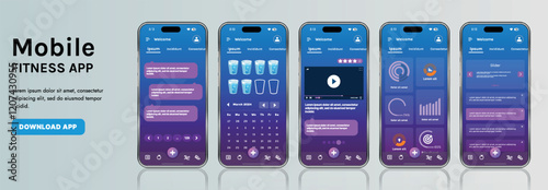 A sleek fitness app interface template featuring responsive design elements, including dashboards, charts, and statistics. Perfect for tracking health, weekly progress, and sports activities