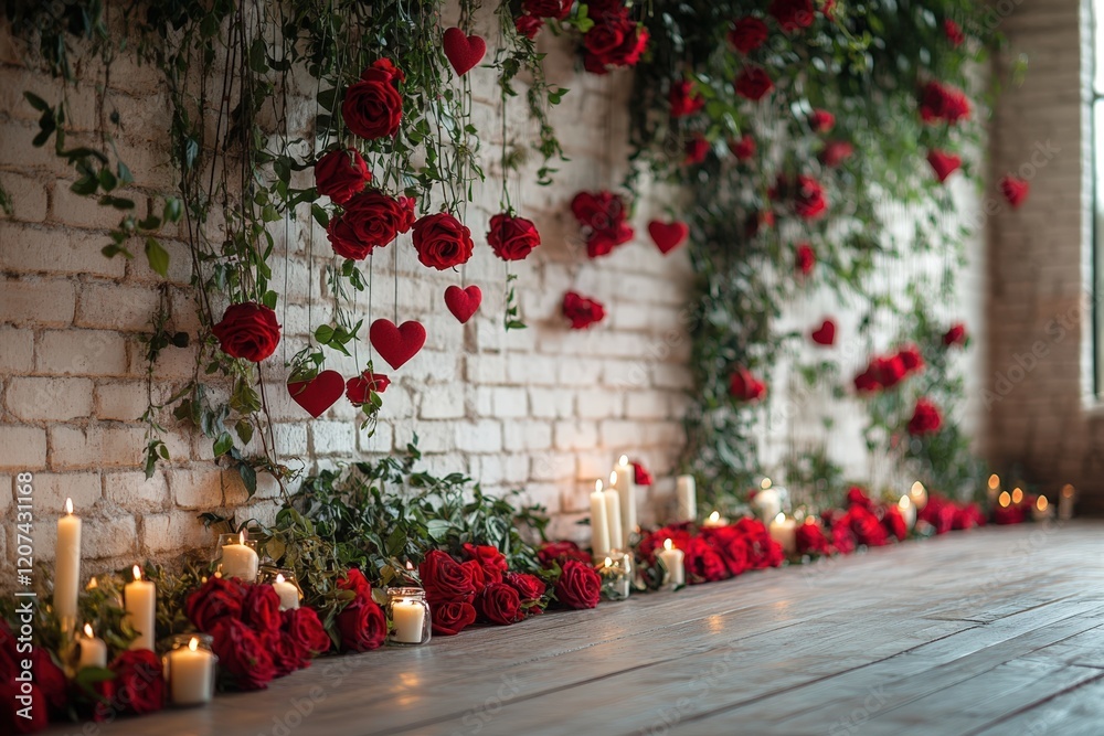 Romantic Valentine's Day Decorations Wall Red Roses Vines and Candles, Red Hearts Shaped. Romantic Valentine's Day Decorations Wall Red Roses Vines and Candles, Red Hearts Shaped.