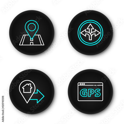 Set line Gps device with map, Location house, Road traffic sign and icon. Vector