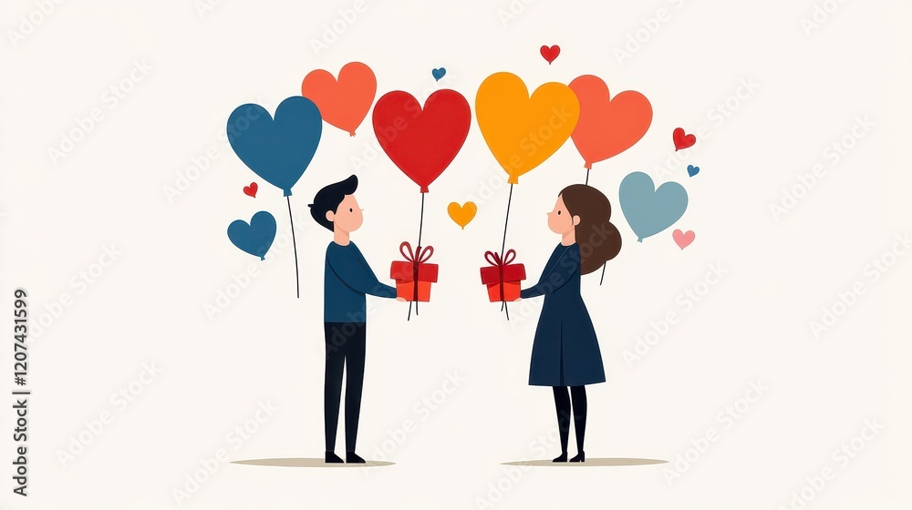 Couple exchanging gifts with heart balloons. Couple exchanging gifts with heart balloons.