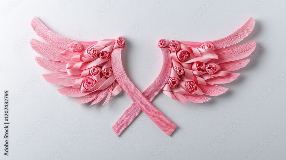 Breast Cancer Awareness Concept, Pink wings made of ribbons symbolize hope and support for causes