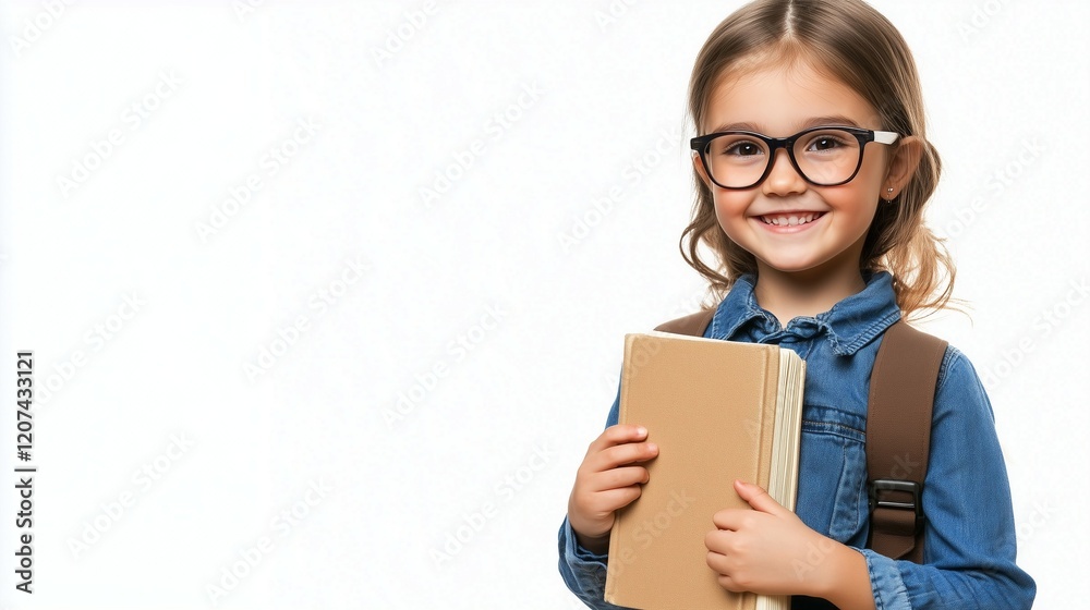 Portrait of a happy schoolgirl with books and glasses on a background, a smiling child holding a book isolated over a color studio backdrop, a mockup for an education or Back to School Portrait of a happy schoolgirl with books and glasses on a background, a smiling child holding a book isolated over a color studio backdrop, a mockup for an education or Back to School