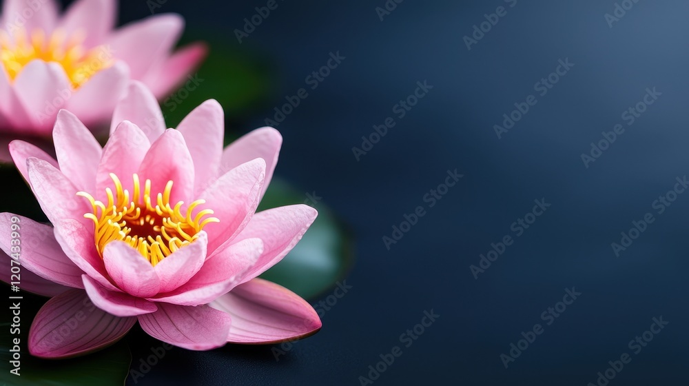 Fototapeta premium Serene Pink Water Lilies Floating on Dark Water Spa Background Floral Beauty