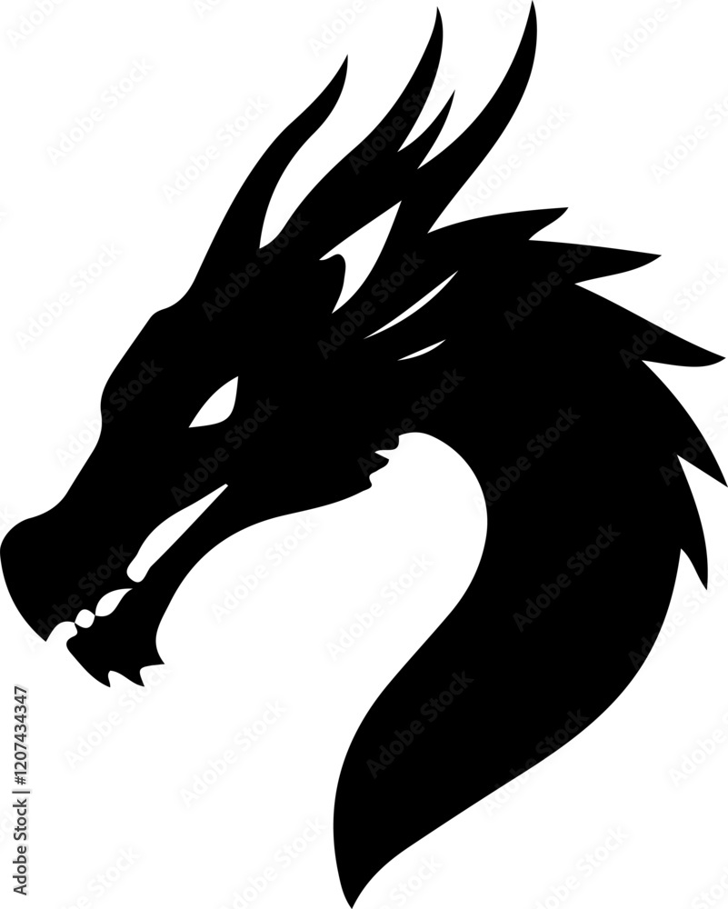 Naklejka premium Majestic Dragon Silhouette Vector Flying Dragon Silhouette Design Fierce Dragon Outline Vector Tribal Dragon Silhouette Art Fire-Breathing Dragon Silhouette Chinese Dragon Vector Silhouette Elegant Dr