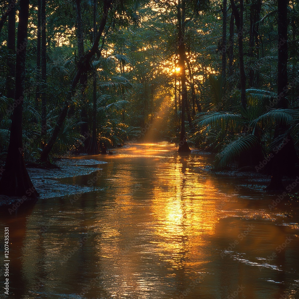 Obraz premium Golden sunset reflecting on jungle river.