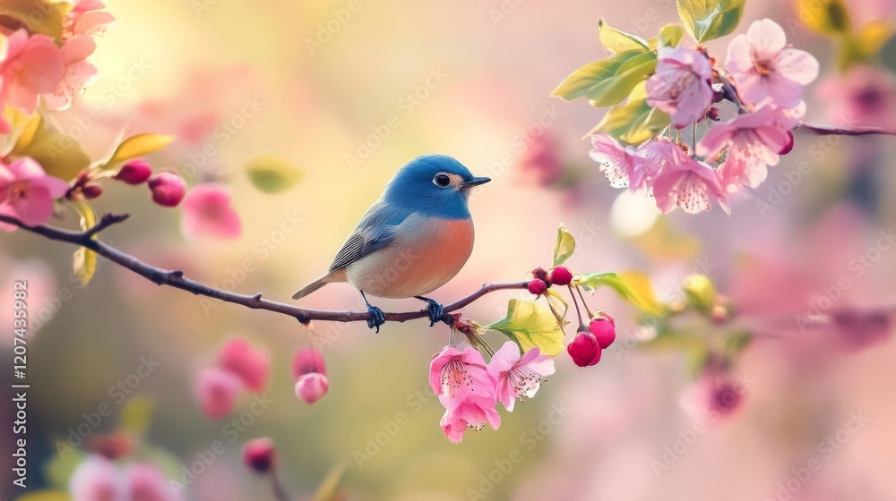 Blue Bird Perched on Pink Blossoms in Springtime