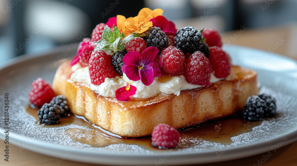 Brioche French toast topped with fresh berries and flowers Brioche French toast topped with fresh berries and flowers