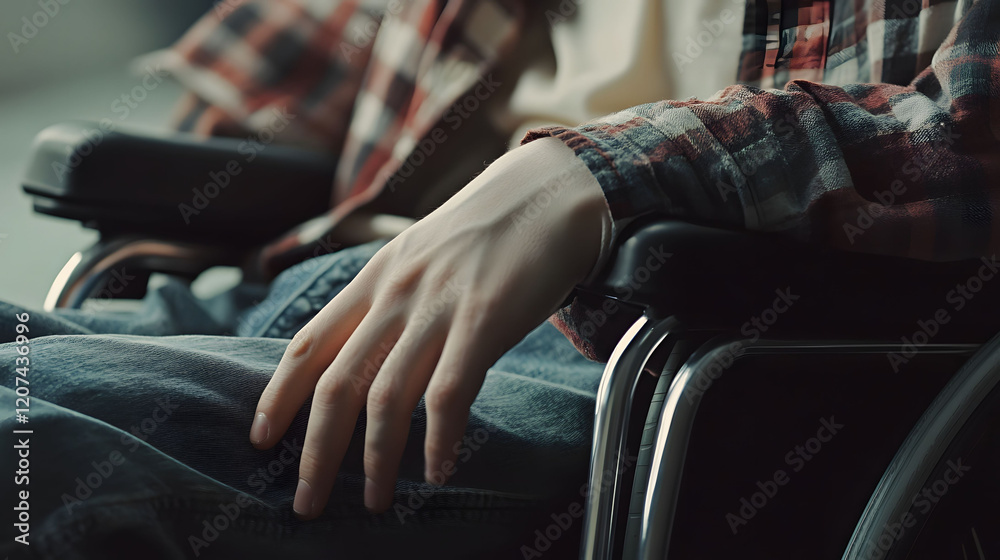 A Person in a Wheelchair, Hands Resting on the Armrest of the Wheelchair, Illustrating Determination and the Spirit of Mobility A Person in a Wheelchair, Hands Resting on the Armrest of the Wheelchair, Illustrating Determination and the Spirit of Mobility