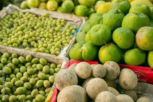 Fruits and vegetables at a local market in Sri lanka. Tropical or exotic fruits on the street in Asia. photo