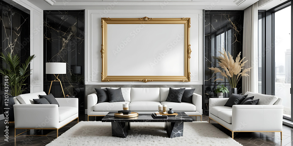 An empty frame poster mockup in a luxurious living room with black marble walls. A gold frame adds opulence above a white leather sofa, paired with a black marble coffee table. An empty frame poster mockup in a luxurious living room with black marble walls. A gold frame adds opulence above a white leather sofa, paired with a black marble coffee table.