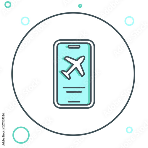 Line Smartphone with electronic boarding pass airline ticket icon isolated on white background. Passenger plane mobile ticket for web and app. Colorful outline concept. Vector
