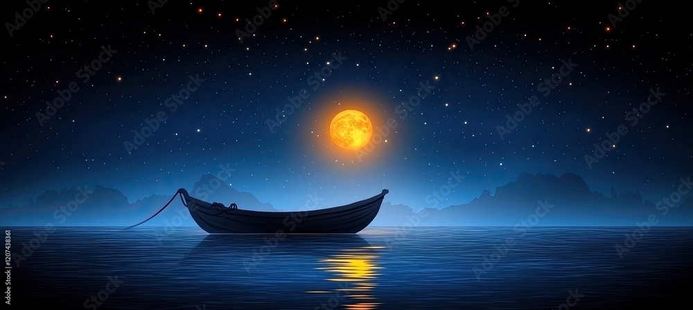 Solitary Boat at Night Under a Large Orange Moon and Starry Sky