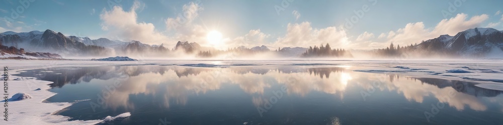 Obraz premium Billow of white vapor rising from the surface of a frozen lake on a cold winter day, winter wonderland, frosty air, snowy scenery