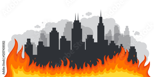 Editable Vector Fire Border with Modern City Silhouette. Flat Design Horizontal Flame Line