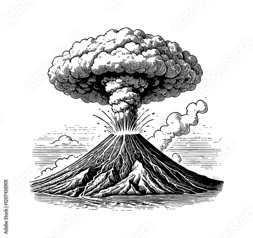 erupting volcano engraving black and white outline