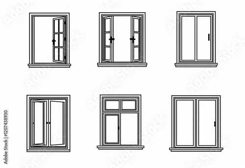 シンプルなオープン窓枠:異なるスタイル、フラットデザイン、黒い細いアウトライン、ミニマリスト2D、背景なし、個別の要素、クリーン、ベクターグラフィックス。