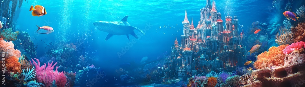 Enchanted underwater scene with a majestic castle, vibrant coral reef, playful fish, and a graceful shark. Perfect for fantasy, fairytale, and marine themes. Enchanted underwater scene with a majestic castle, vibrant coral reef, playful fish, and a graceful shark. Perfect for fantasy, fairytale, and marine themes.