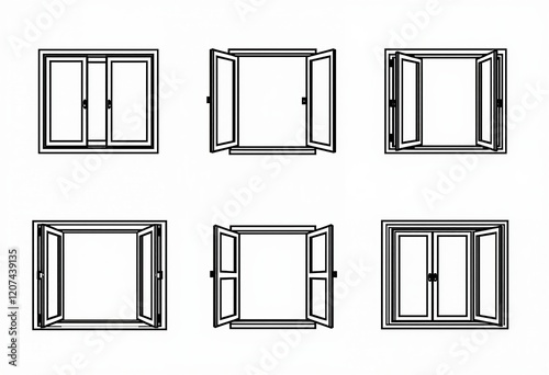 ミニマリストの窓枠:シンプル、フラット、黒い細いアウトライン、異なるスタイル、個々の要素、背景なし、2Dデザイン、クリーン、ベクター。