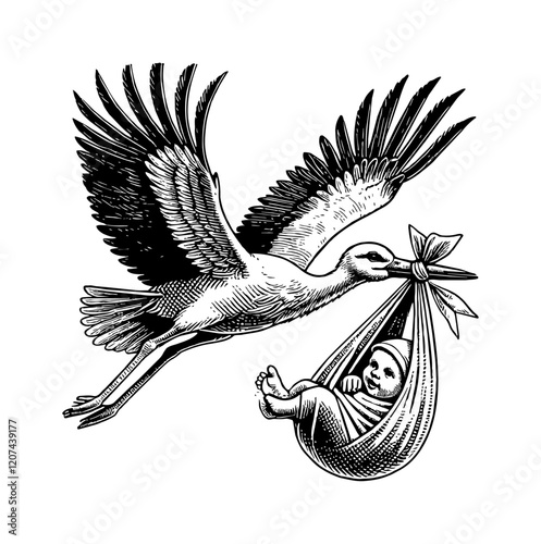 stork deliver baby engraving black and white outline