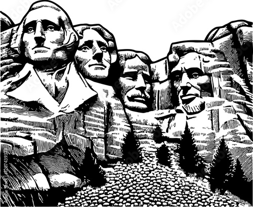 monumental scene Mount Rushmore. engraving black and white outline