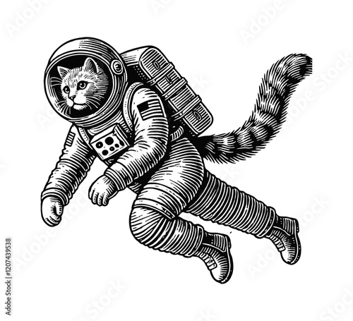 cat astronaut suit engraving black and white outline