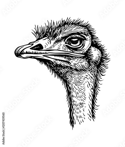 ostrich head engraving black and white outline