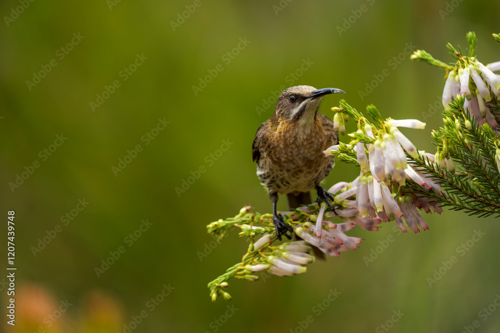 Naklejka premium A Cape sugarbird (Promerops cafer) feeding on nectar on a Nine-pin heath or rooiklossieheide (Erica mammosa). Betty's (Bettys) Bay. Whale Coast. Overberg. Western Cape. South Africa.