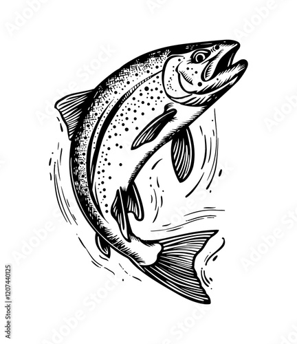 rainbow trout fish engraving black and white outline