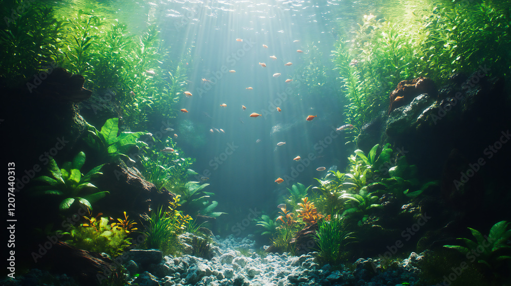 Fototapeta premium Beautifully Designed Aquascape Aquarium with Driftwood, Lush Aquatic Plants, and Unique Submerged Forest Landscape, Creating a Natural and Serene Underwater Environment 
