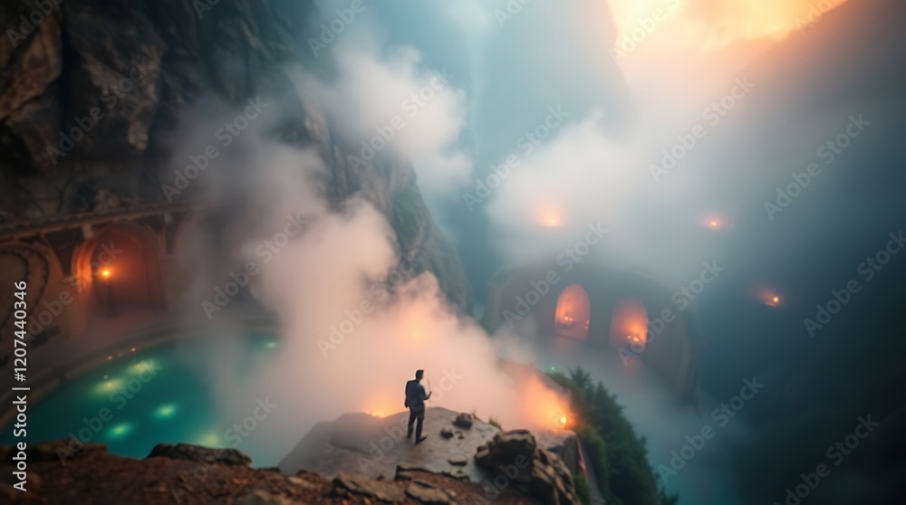 Fototapeta premium A solitary figure gazes at a mystical hot spring nestled in a misty mountain valley.
