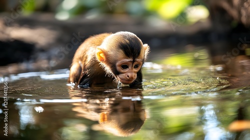 Capuchin monkey View of a drinking water from a lake photo