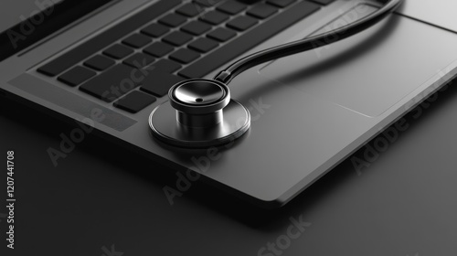Stethoscope on laptop, diagnosing, dark background, tech support