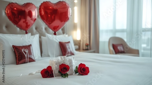 Romantic Bedroom with Heart Shaped Balloons, Wine Glass and Gift Box and Roses for Happy Valentine's Day Celebration.