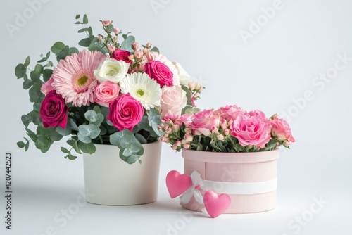 Obraz na płótnie Happy Valentine's Day Gifts with Roses Bouquet on White Background Photo. w salonie