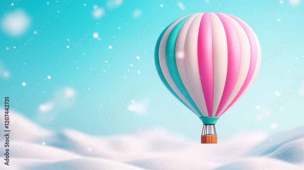 Obraz premium Pink and Teal Hot Air Balloon Soaring Over Snowy Winter Landscape
